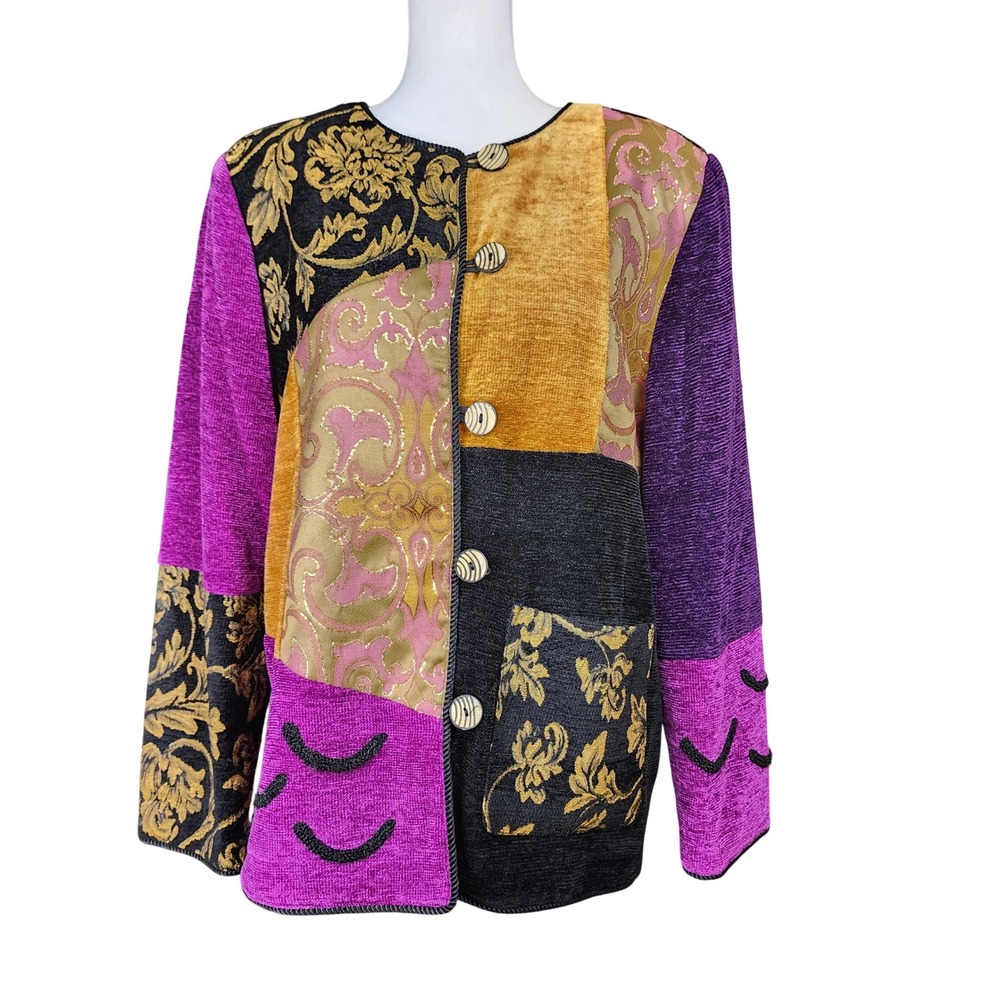Indigo Moon Patchwork Jacket Medium Purple Gold Metallic Boho Whimsigoth Art VTG